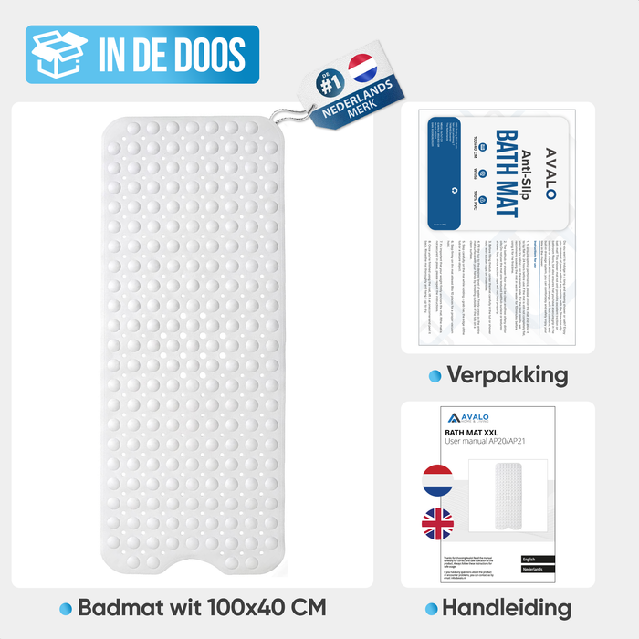 Avalo Badmat / Antislipmat Douche - 100x40CM - Wit - Met Zuignappen - Douchemat Antislip voor Douche - Badkamermat
