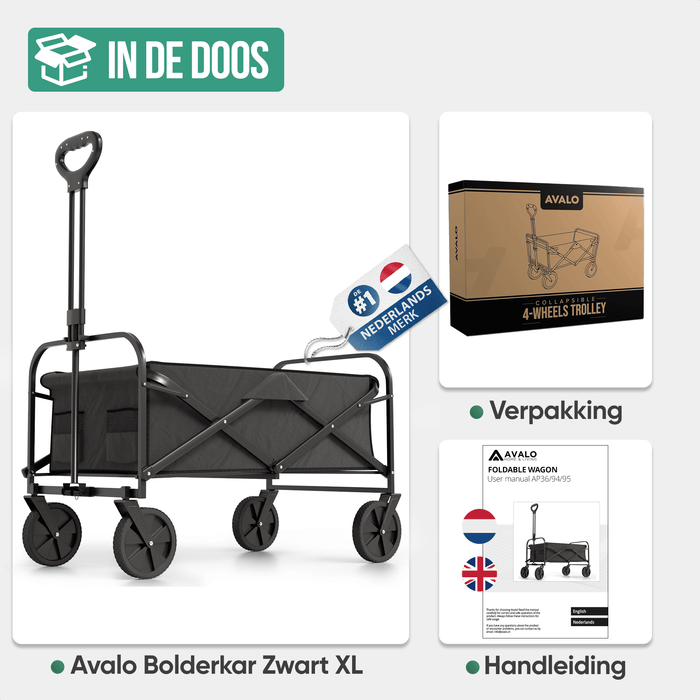 Avalo Bolderkar XL - Opvouwbaar - Tot 110KG - 91x51x103 CM - 120L - 360º Wielen - Zwart
