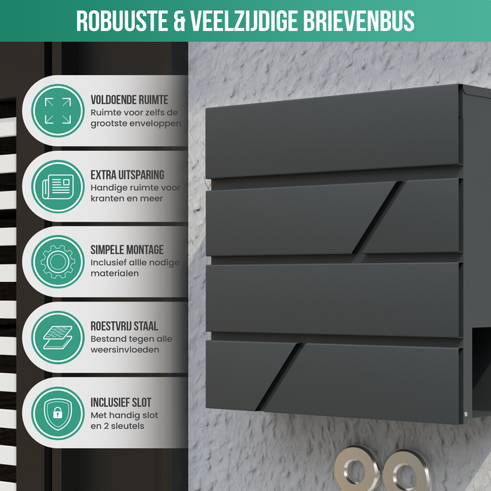 Avalo Brievenbus RVS Antraciet met Krantenvak en Slot - Incl. Montagemateriaal & 2 Sleutels