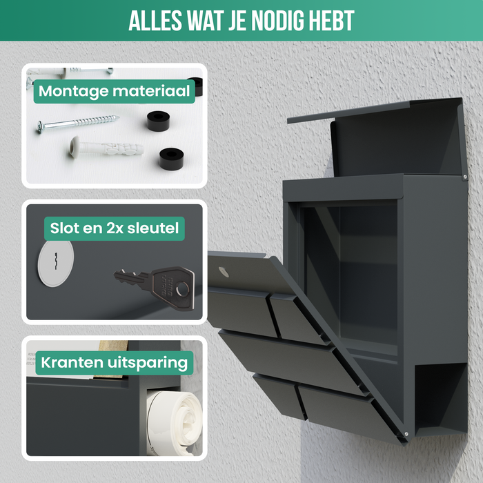 Avalo Brievenbus RVS Antraciet met Krantenvak en Slot - Incl. Montagemateriaal & 2 Sleutels