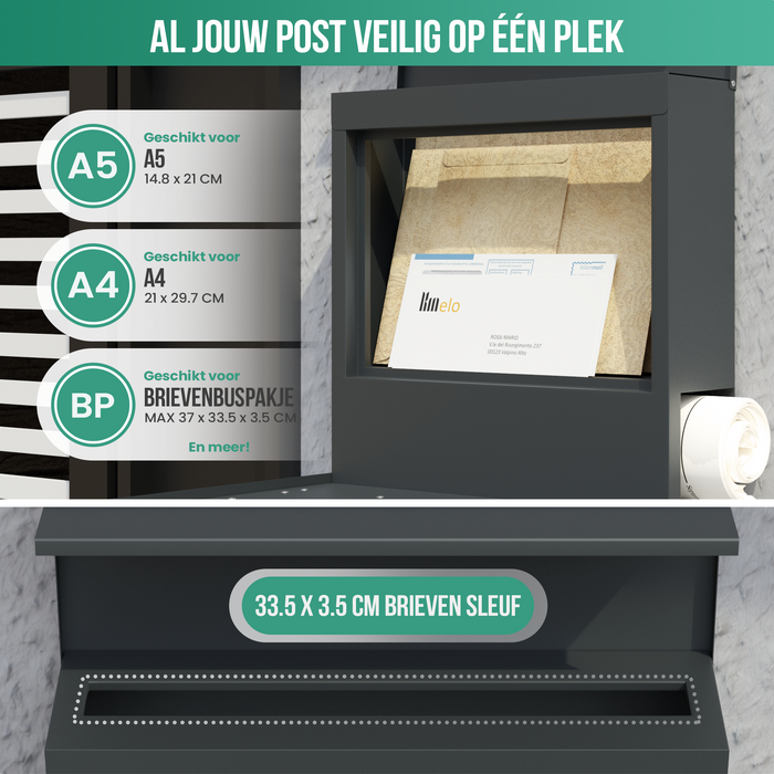 Avalo Brievenbus RVS Antraciet met Krantenvak en Slot - Incl. Montagemateriaal & 2 Sleutels