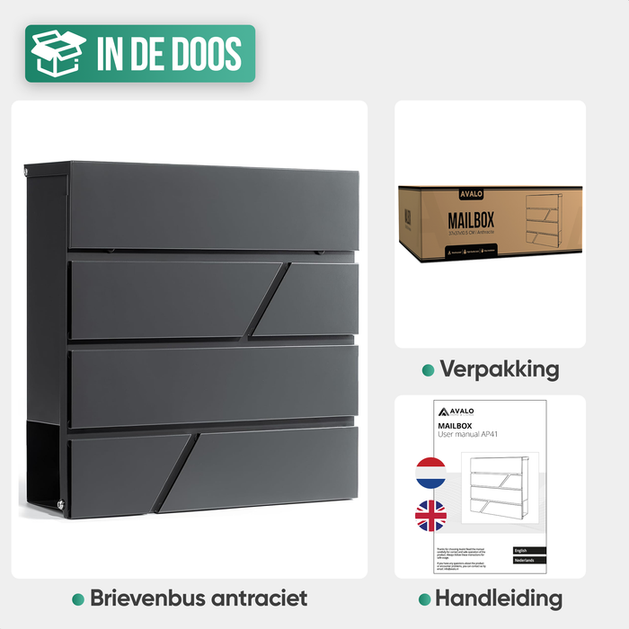 Avalo Brievenbus RVS Antraciet met Krantenvak en Slot - Incl. Montagemateriaal & 2 Sleutels
