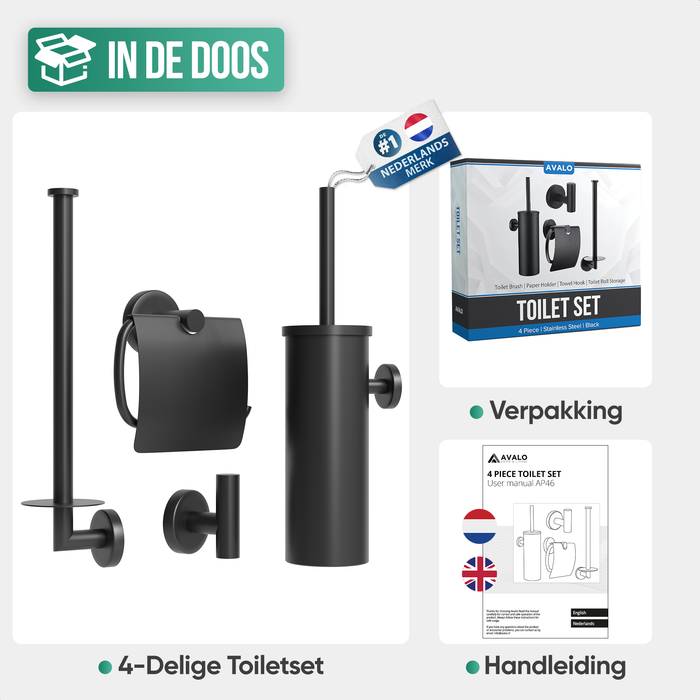 Avalo Toiletaccessoireset Zwart 4-delig - Luxe Toilet Set - Toiletborstel met Houder / Toiletrolhouder / Reserverolhouder / Handdoekhaak - Incl. Bevestigingsmateriaal