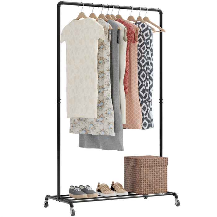 Avalo Industrieel Kledingrek op Wielen Zwart - Metaal - 100x49x166 CM - Opbergruimte Voor Schoenen