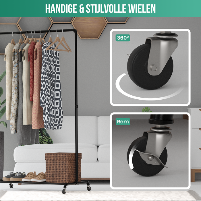 Avalo Industrieel Kledingrek op Wielen Zwart - Metaal - 100x49x166 CM - Opbergruimte Voor Schoenen