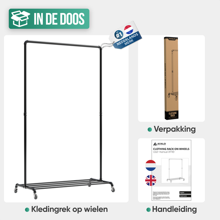 Avalo Industrieel Kledingrek op Wielen Zwart - Metaal - 100x49x166 CM - Opbergruimte Voor Schoenen