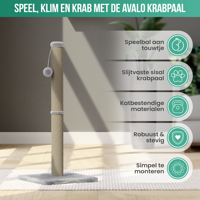 Avalo Krabpaal met Speelballetje - 36x36x74 - Lichtgrijs - Krabpaal voor Katten