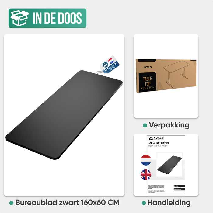 Avalo Bureaublad Los 160x60cm - Zwart - Tafelblad - Blad Elektrisch Bureau