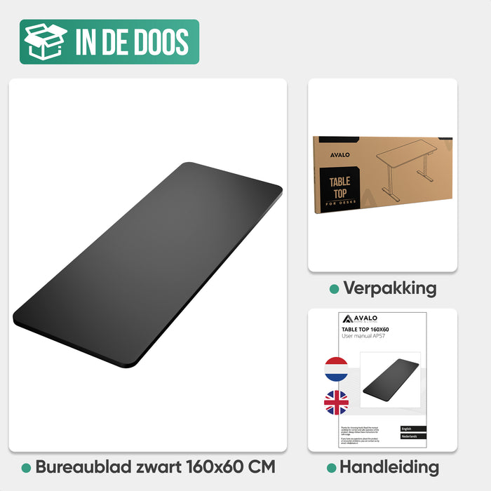Avalo Bureaublad Los 160x60cm - Zwart - Tafelblad - Blad Elektrisch Bureau