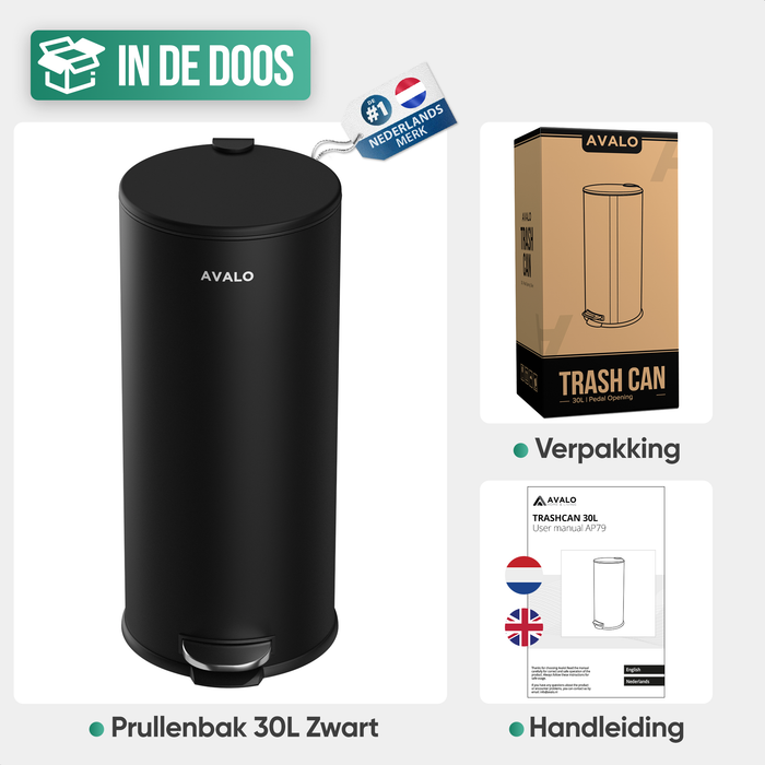Avalo Pedaalemmer Prullenbak 30L - RVS Zwart - Soft Close - Pedaalemmer 30 Liter - Prullenbak 30 Liter
