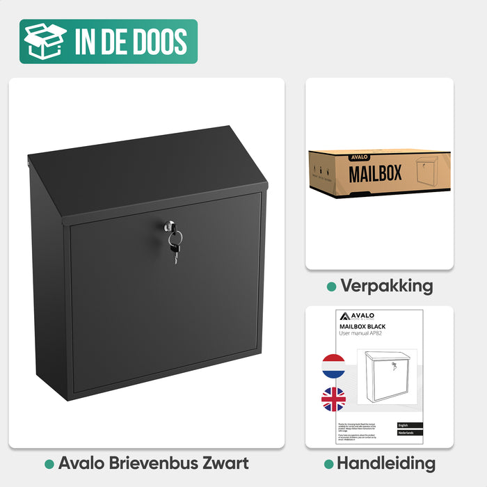 Avalo Brievenbus Zwart RVS - Wandbrievenbus - Incl. Montagemateriaal & 2 Sleutels