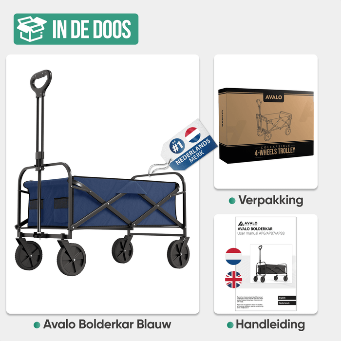 Avalo Bolderkar - Opvouwbaar - Tot 90KG - 80x47x49 CM - 80L - 360º Wielen - Blauw