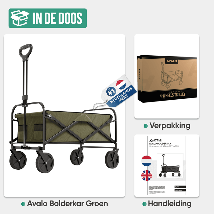 Avalo Bolderkar - Opvouwbaar - Tot 90KG - 80x47x49 CM - 80L - 360º Wielen - Groen