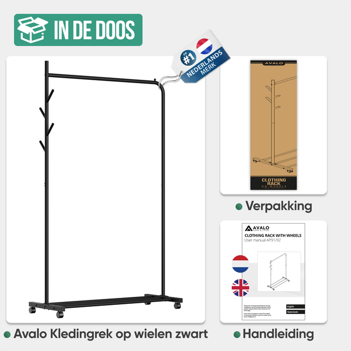 Avalo Kledingrek op Wieltjes Zwart - Metaal - 100x40x156 CM - Opbergruimte Voor Schoenen