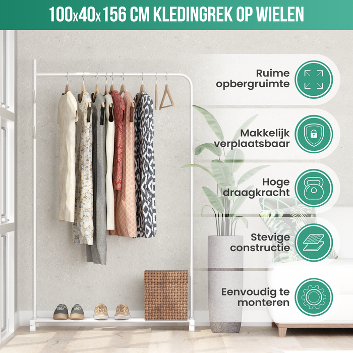 Avalo Kledingrek op Wieltjes Wit - Metaal - 100x40x156 CM - Opbergruimte Voor Schoenen