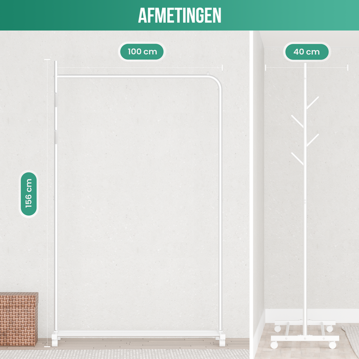 Avalo Kledingrek op Wieltjes Wit - Metaal - 100x40x156 CM - Opbergruimte Voor Schoenen