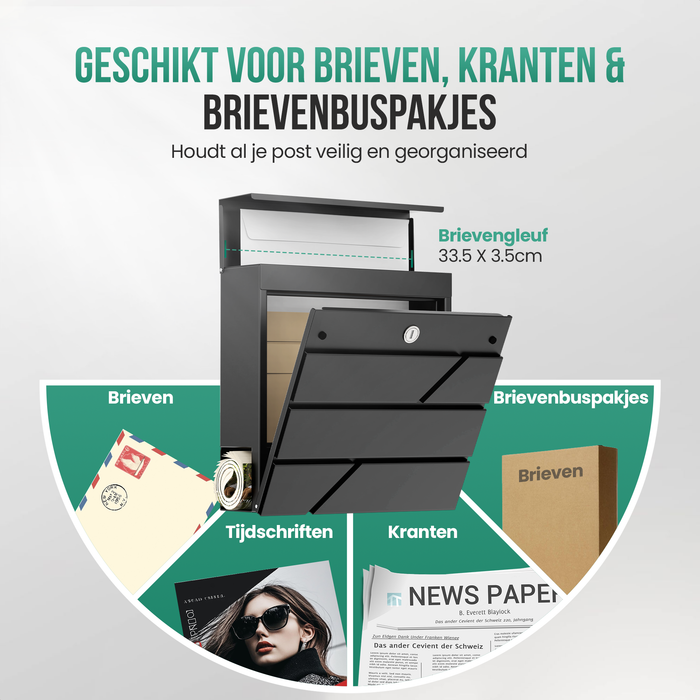 Avalo Brievenbus RVS Zwart met Krantenvak en Slot - Incl. Montagemateriaal & 2 Sleutels