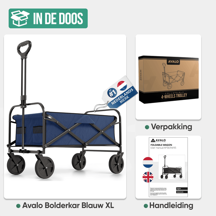 Avalo Bolderkar XL - Opvouwbaar - Tot 110KG - 91x51x103 CM - 120L - 360º Wielen - Blauw