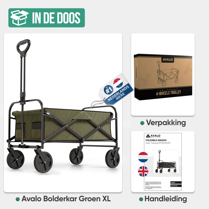 Avalo Bolderkar XL - Opvouwbaar - Tot 110KG - 91x51x103 CM - 120L - 360º Wielen - Groen