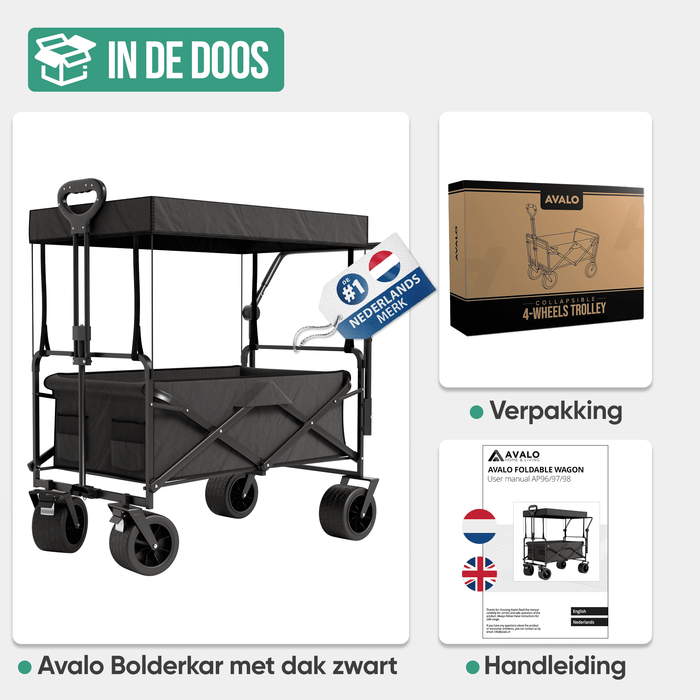 Avalo Bolderkar Met Dak XL - Opvouwbaar - Tot 110KG - 97x60x105 CM - 120L - 360º Wielen - Zwart
