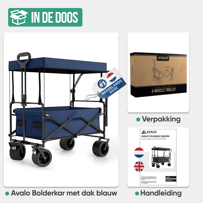 Avalo Bolderkar Met Dak XL - Opvouwbaar - Tot 110KG - 97x60x105 CM - 120L - 360º Wielen - Blauw