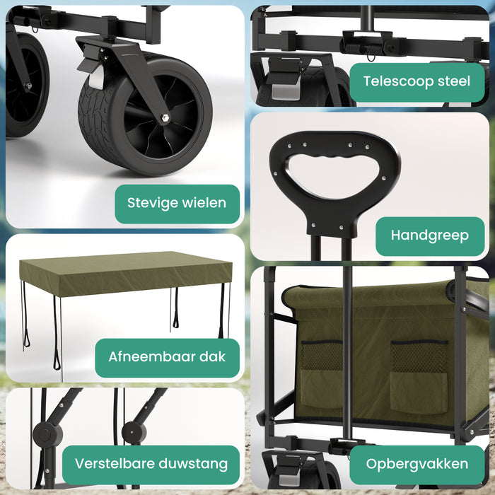 Avalo Bolderkar Met Dak XL - Opvouwbaar - Tot 110KG - 97x60x105 CM - 120L - 360º Wielen - Groen