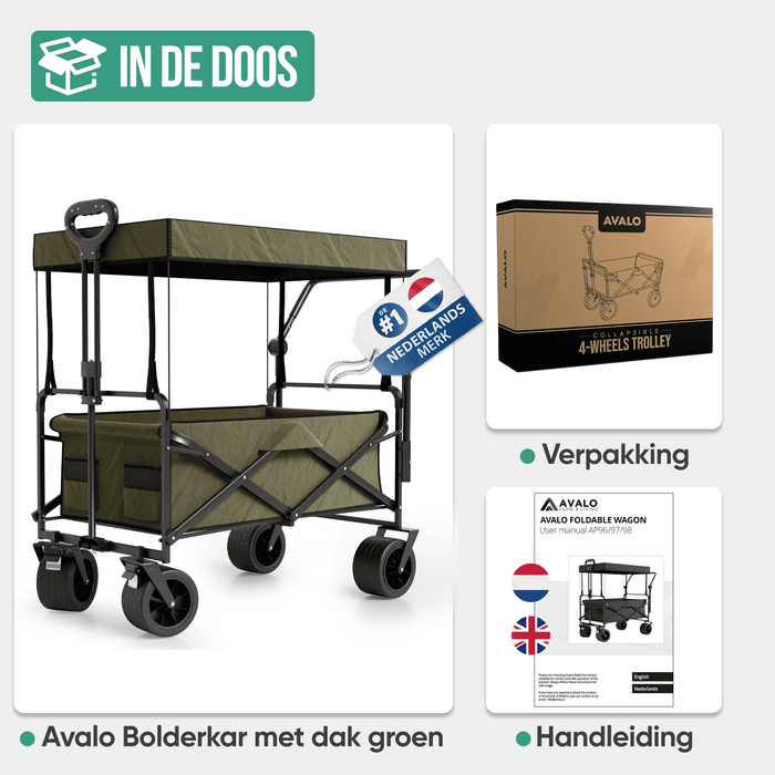 Avalo Bolderkar Met Dak XL - Opvouwbaar - Tot 110KG - 97x60x105 CM - 120L - 360º Wielen - Groen