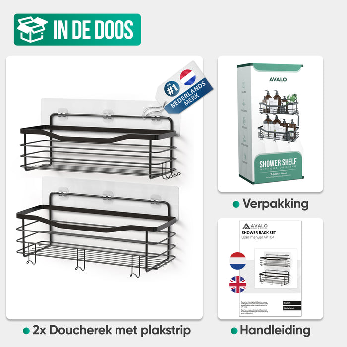 Avalo Doucherek Zonder Boren - 2 Stuks - Zelfklevend Wandrek - Roestbestendig - 10kg Draagvermogen - Douchemandje