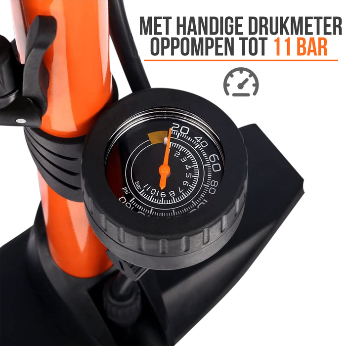 Strex Fietspomp - Drukmeter - 11 Bar – Bal pomp - Oranje