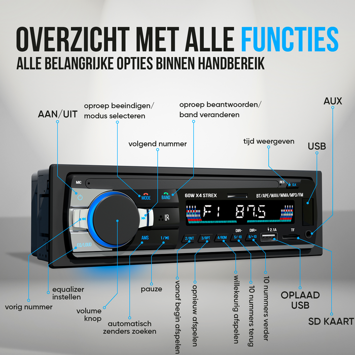 Strex Autoradio met Bluetooth voor alle auto's - USB, AUX en Handsfree - Afstandsbediening - Enkel DIN Auto Radio met Ingebouwde Microfoon