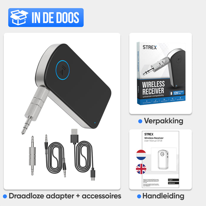 Strex Bluetooth Receiver - BT 5.4 - 3.5MM AUX - Bluetooth Ontvanger - Handsfree Bellen - Bluetooth Audio Receiver - Bluetooth Auto via AUX