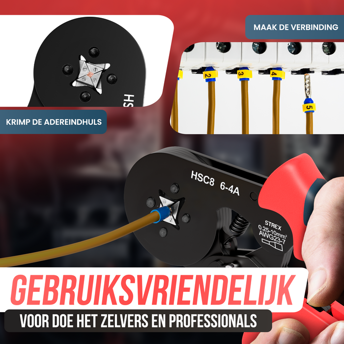 Adereindhulstang | Zelfinstellend / Automatische afstelling | Vierkante persing | 0.25mm - 10mm