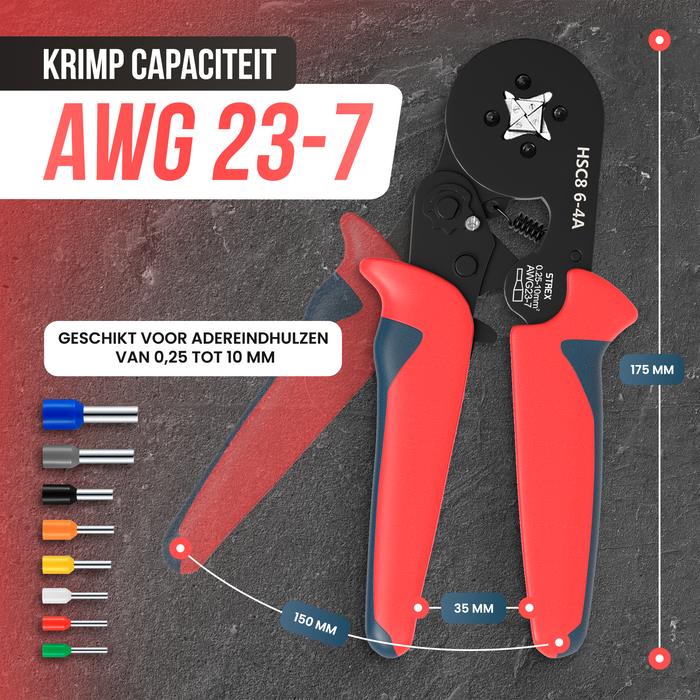 Adereindhulstang | Zelfinstellend / Automatische afstelling | Vierkante persing | 0.25mm - 10mm