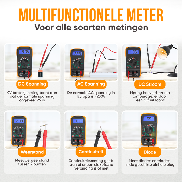 Strex Digitale Multimeter - AC / DC - Incl. 9V Batterij, Klemtangen & Opberghoes - Multi Meter