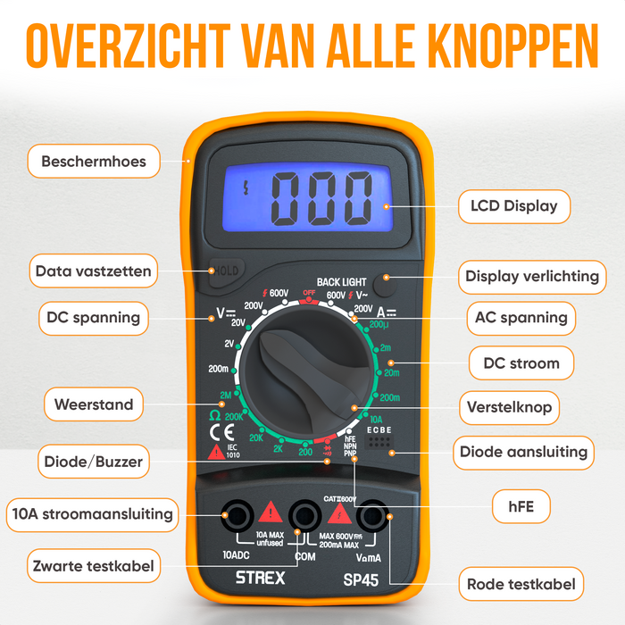 Strex Digitale Multimeter - AC / DC - Incl. 9V Batterij, Klemtangen & Opberghoes - Multi Meter