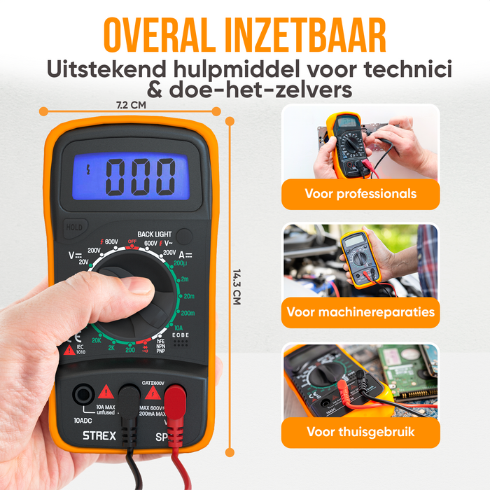 Strex Digitale Multimeter - AC / DC - Incl. 9V Batterij, Klemtangen & Opberghoes - Multi Meter