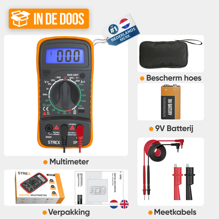 Strex Digitale Multimeter - AC / DC - Incl. 9V Batterij, Klemtangen & Opberghoes - Multi Meter