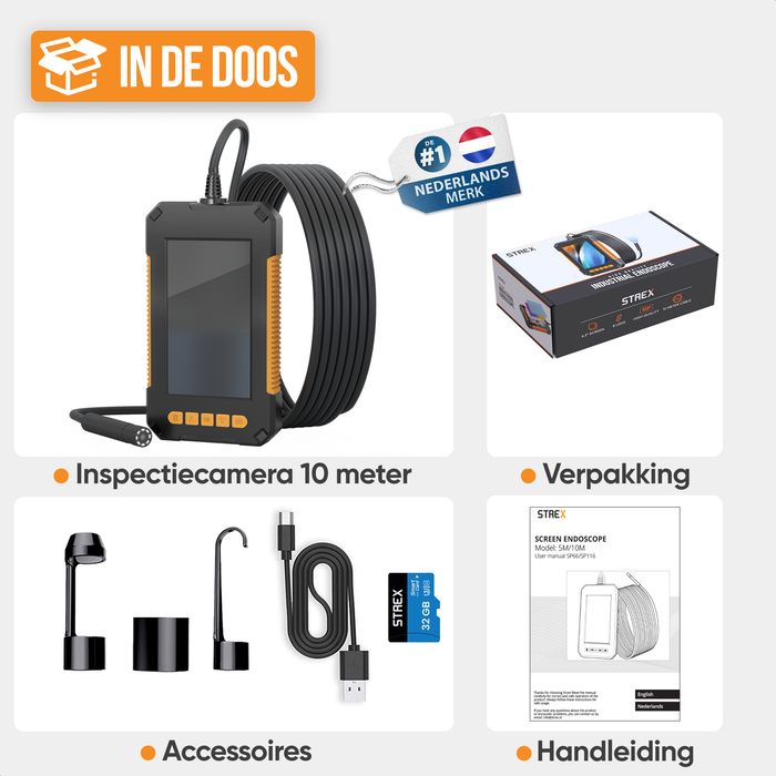 Strex Inspectiecamera met Scherm 10M - 1080P HD - 4.3 inch LCD scherm - IP67 Waterdicht - LED Verlichting - Endoscoop - Inspectie Camera - Incl. 32gb microSD