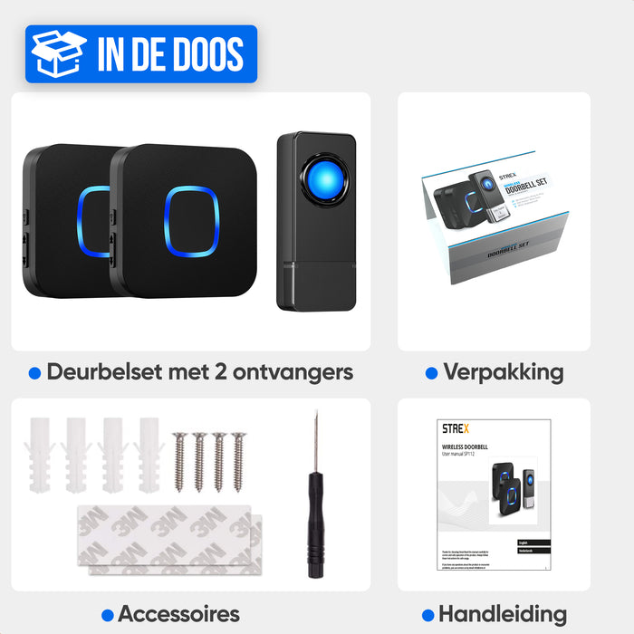 Strex Draadloze Deurbel met 2 Ontvangers - Plug & Play - 300 Meter - 4 Volume / 58 Melodieën - IP55 Waterdicht