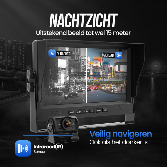 Strex Achteruitrijcamera Set Bedraad Met 4 Camera's (tegelijk bekijken) - 9" Scherm - 18LED Nachtzicht 15m - IP66 Waterdicht - Achteruitrij Camera