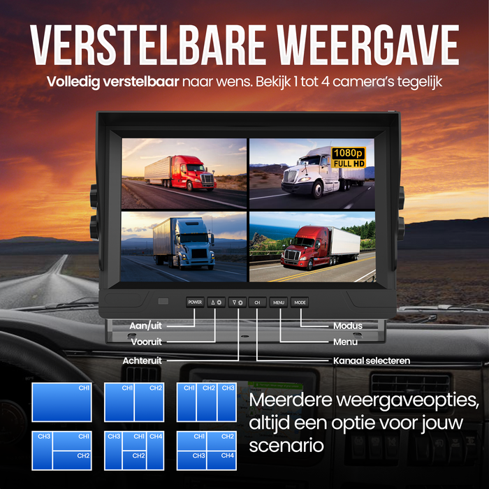 Strex Achteruitrijcamera Set Bedraad Met 4 Camera's (tegelijk bekijken) - 9" Scherm - 18LED Nachtzicht 15m - IP66 Waterdicht - Achteruitrij Camera