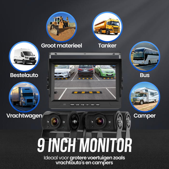 Strex Achteruitrijcamera Set Bedraad Met 4 Camera's (tegelijk bekijken) - 9" Scherm - 18LED Nachtzicht 15m - IP66 Waterdicht - Achteruitrij Camera