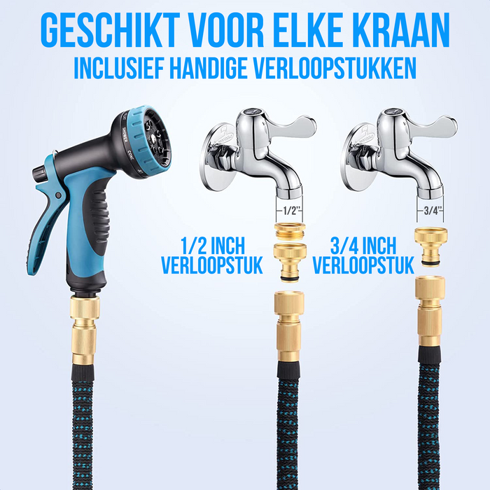 Strex Flexibele Tuinslang 15M met Sproeikop - Uitrekbaar - Incl. Koppelingen, Ophanghaak & Opbergzak