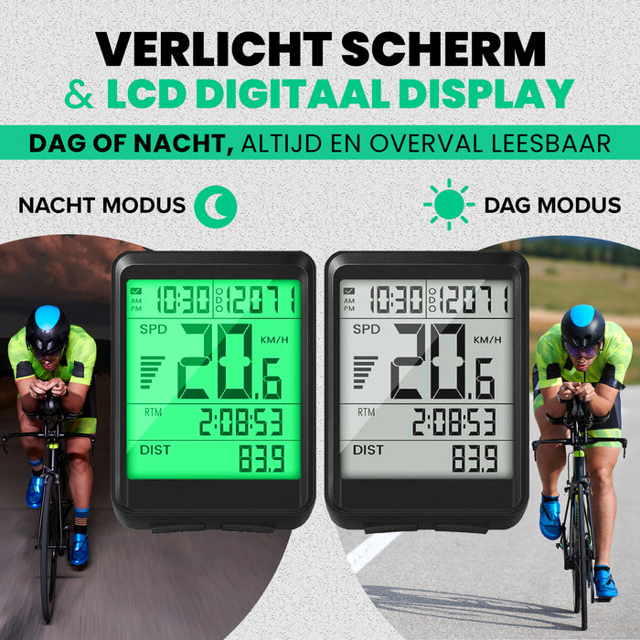 Strex Draadloze Fietscomputer - 17 Functies - Extra Groot Scherm - Draadloze Fiets Computer Draadloos Waterdicht - NL Handleiding
