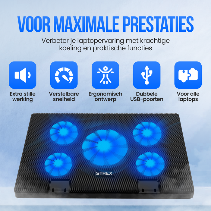 Strex Laptop Cooler - 12" - 17 Inch - Verstelbaar - 5 Ventilators - Laptop Koeler - Cooling Pad