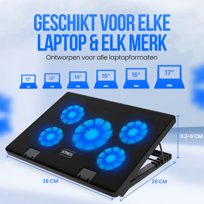 Strex Laptop Cooler - 12" - 17 Inch - Verstelbaar - 5 Ventilators - Laptop Koeler - Cooling Pad