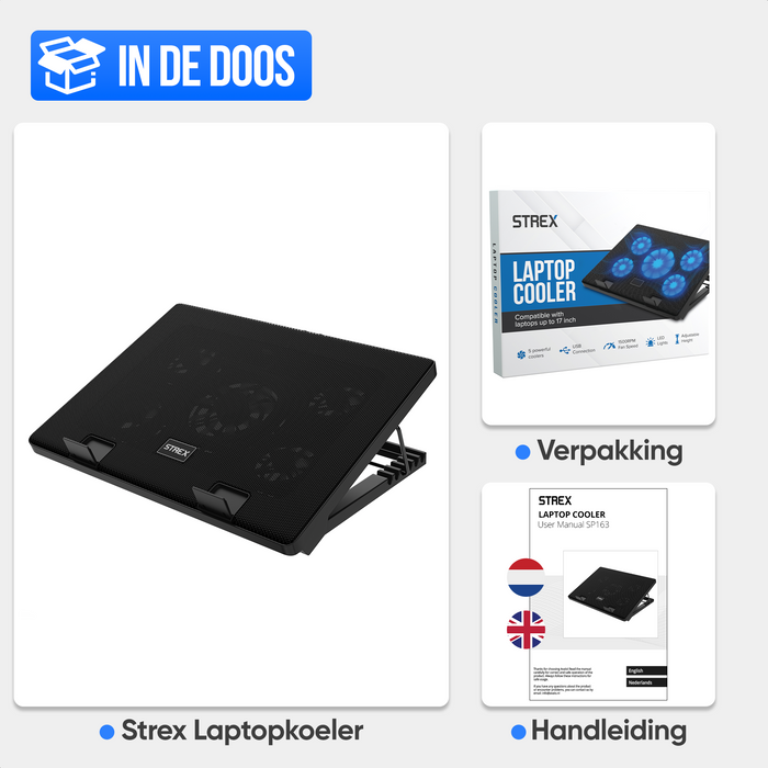 Strex Laptop Cooler - 12" - 17 Inch - Verstelbaar - 5 Ventilators - Laptop Koeler - Cooling Pad