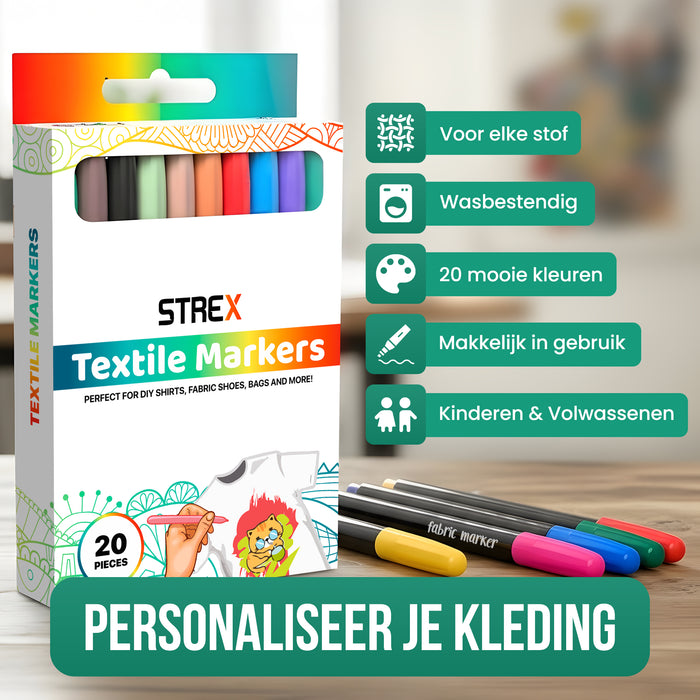 Strex Textielstiften - 20 stuks - Kleding stiften - Textielmarkers - Textiel Stiften