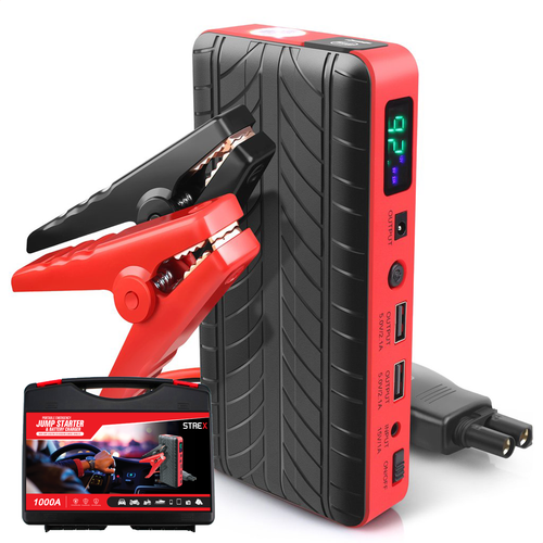 Strex 12V Jumpstarter voor Auto - 1000A / 18.000 mAh - 4-in-1 Starthulp met Powerbank, LED Zaklamp en SOS Noodlicht - In Opbergkoffer
