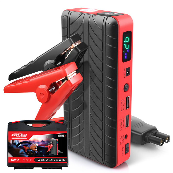 Strex 12V Jumpstarter voor Auto - 1000A / 18.000 mAh - 4-in-1 Starthulp met Powerbank, LED Zaklamp en SOS Noodlicht - In Opbergkoffer